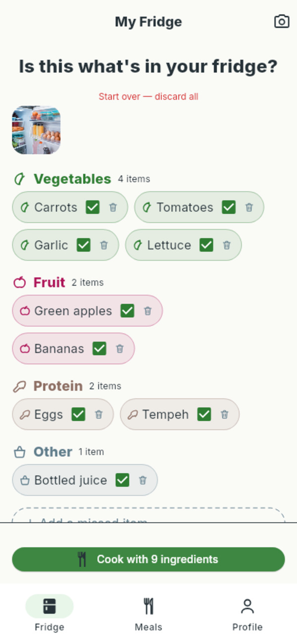 Categorized ingredient list with tiles grouped by type