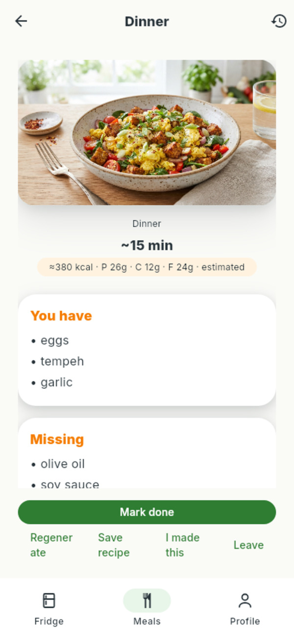Cook mode with dish photo, timing, and ingredient checklist