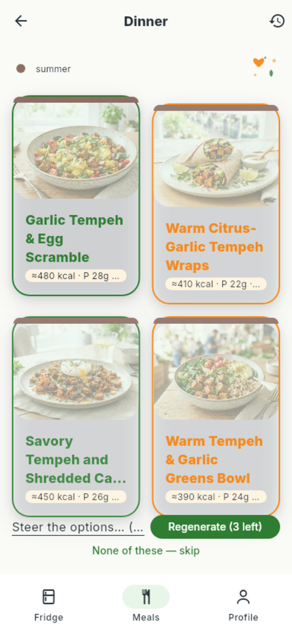 Four generated dish cards with photos, nutrient estimates, and a regenerate button